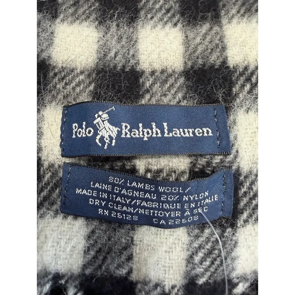 Polo Ralph Lauren Lamb Wool bBlack White Gingham Plaid Fringe Scarf New